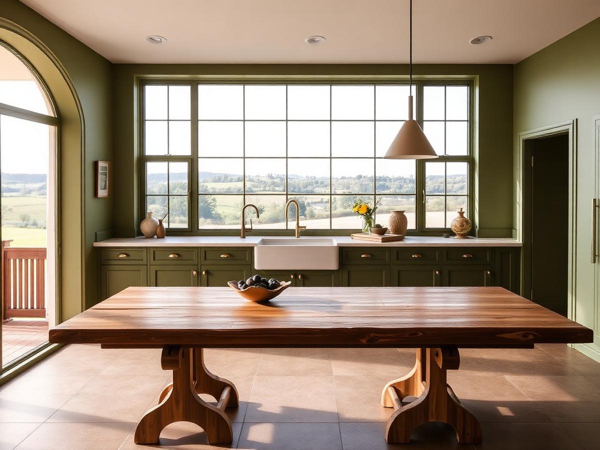 Cozinha em verde oliva com janela panorâmica e grande mesa de madeira