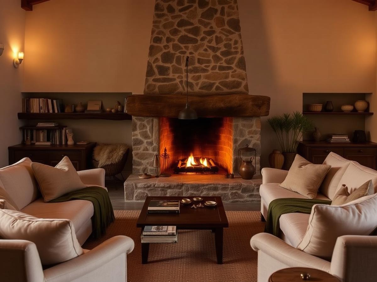 Sala de estar com lareira em pedra e sofás em tons de creme