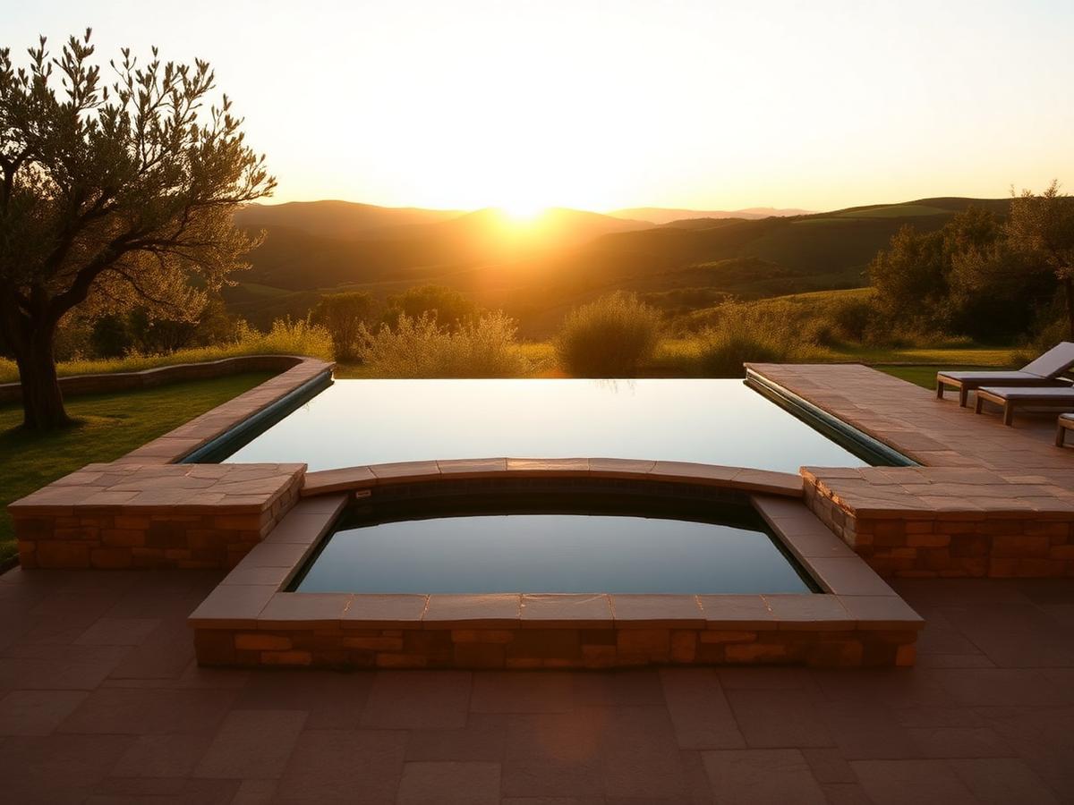 Piscina exterior ao pôr do sol com oliveiras e colinas