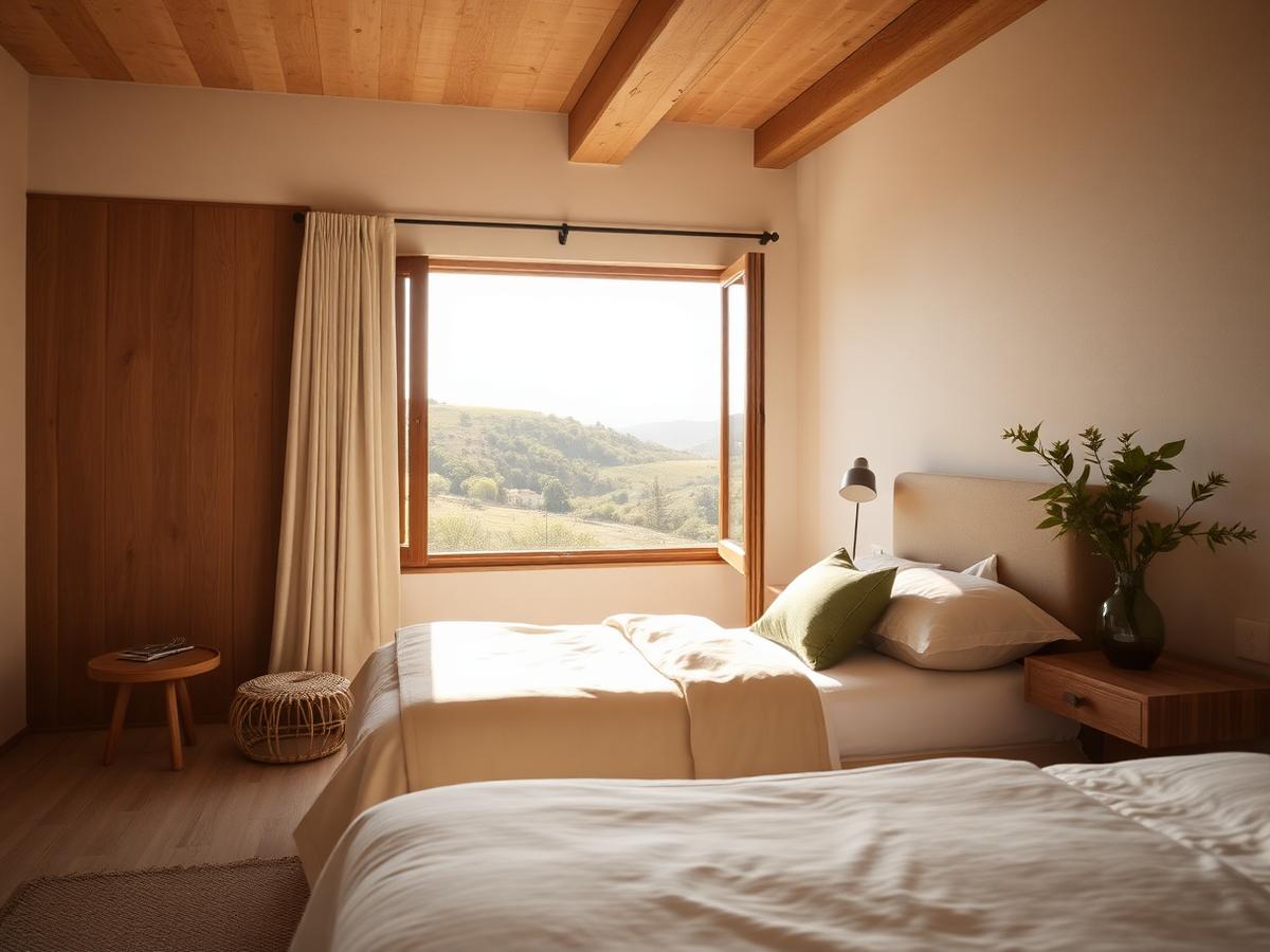 Suíte com roupa de cama em linho e vista para os montes