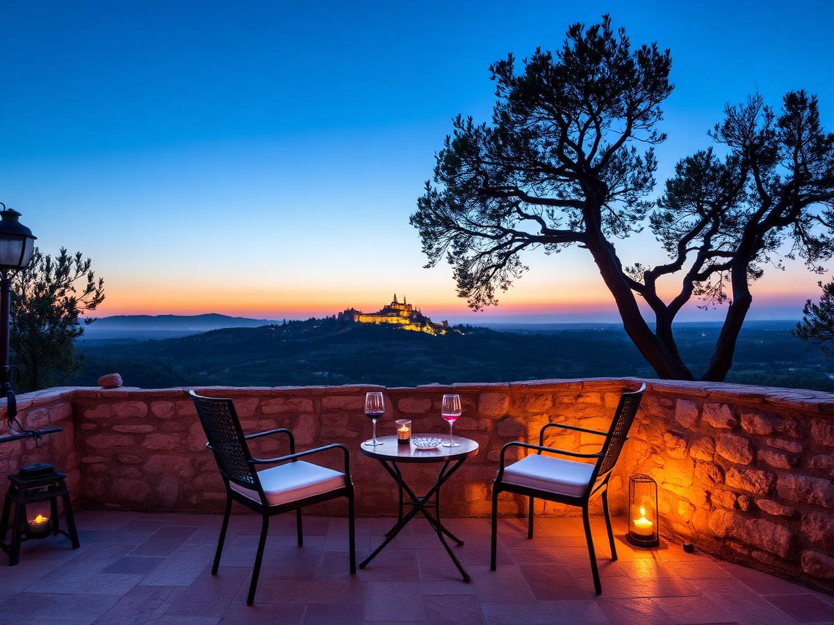 Terraço privado ao anoitecer com vista para o castelo iluminado